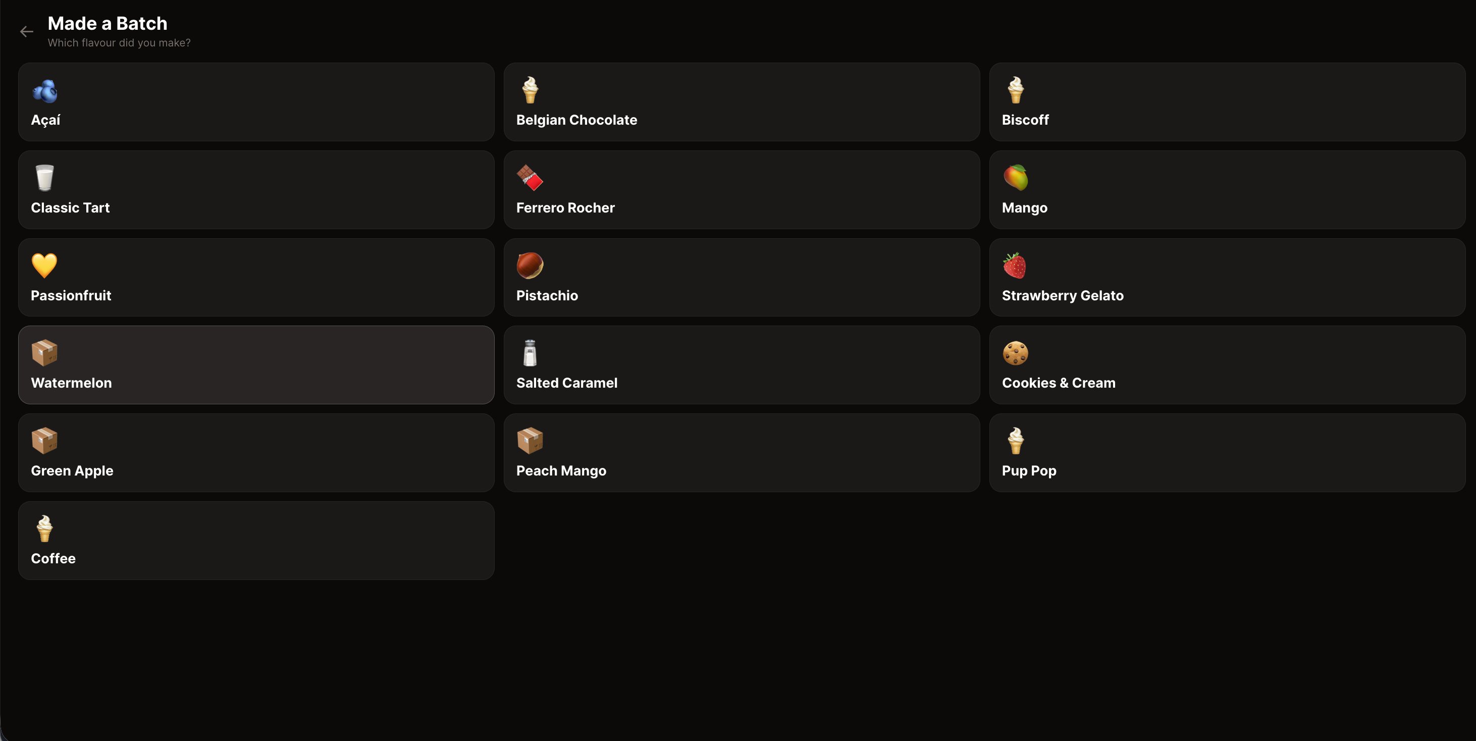 The batch logging screen — a grid of the shop's menu items, each one a tap to log a fresh batch
