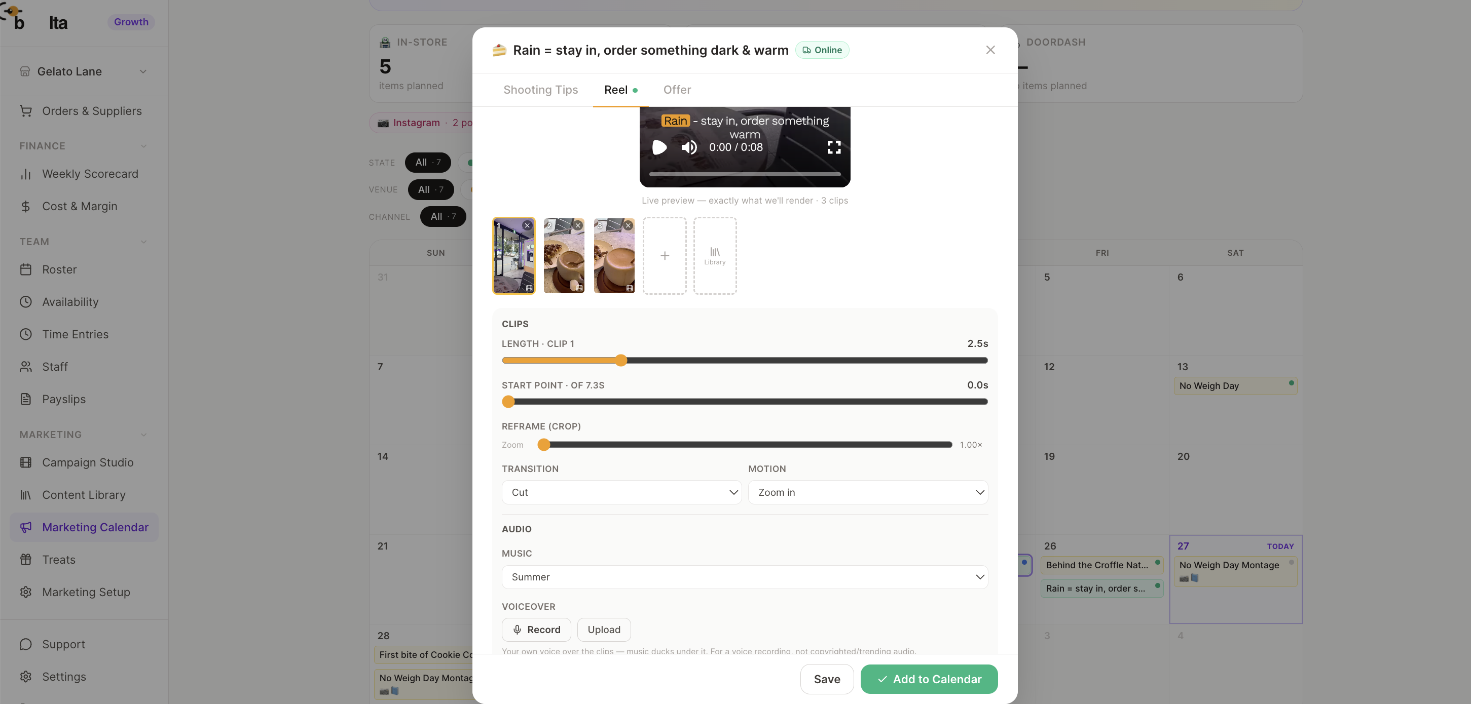 Belta Campaign Studio — the reel builder open over the campaign calendar, showing a 3-clip timeline, length and reframe controls, transitions, music and voiceover, plus the Add-from-Library tile